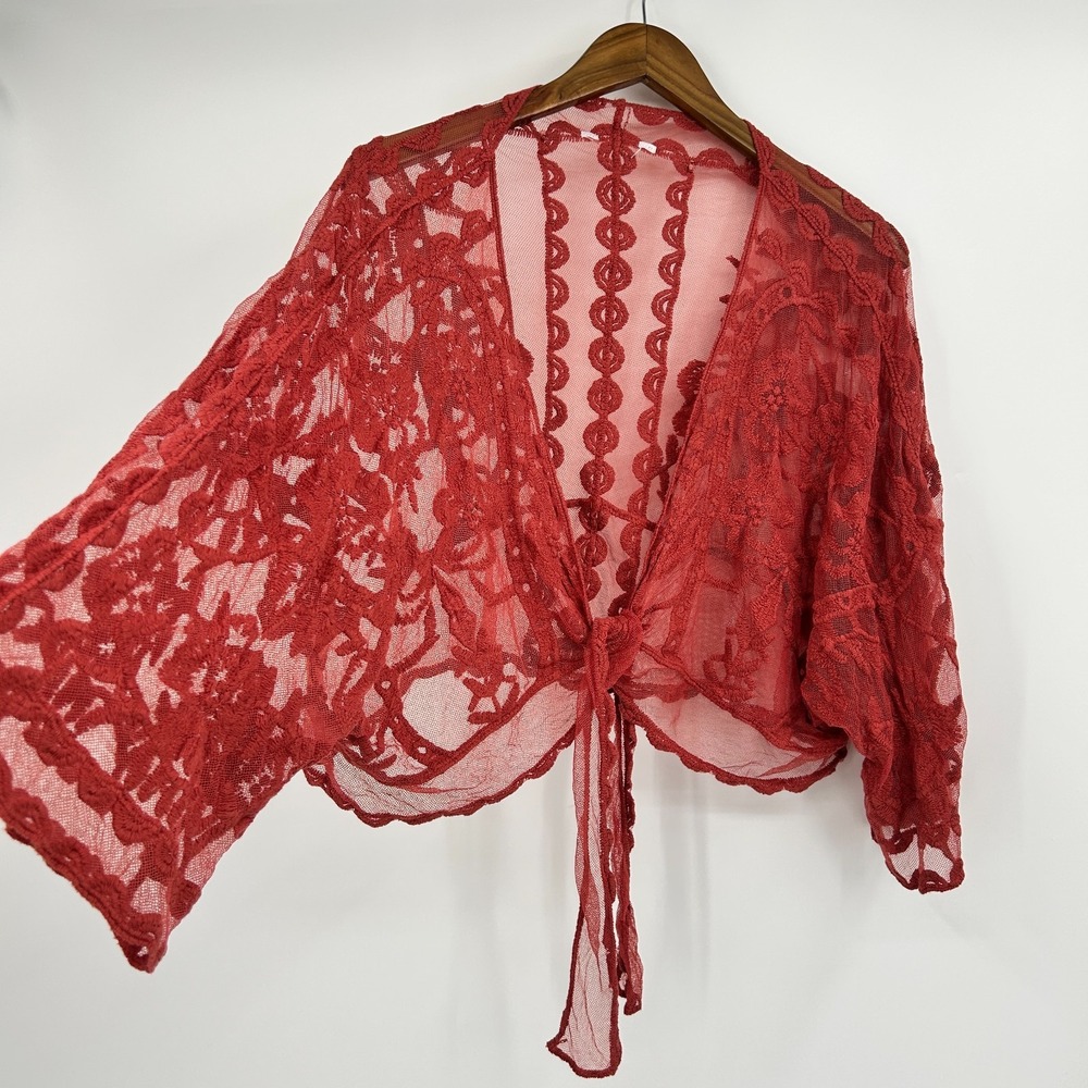 Boho Floral Sheer Lace Cardigan Womens M/L Tie Front Fairy Grunge Layering